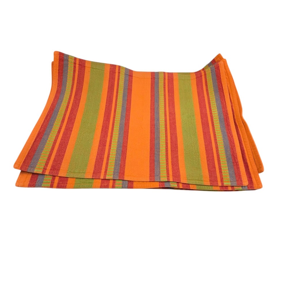 Woven Serape Stripe Set 6 Placemats 12x17 Orange Multicolor Summer Decor